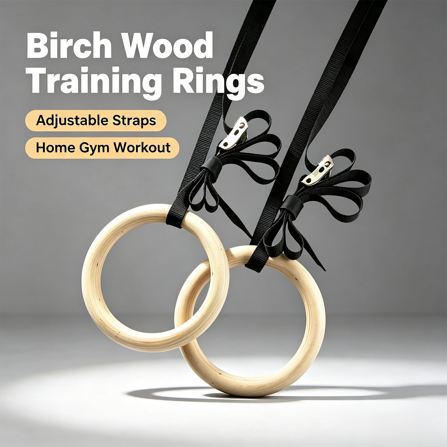 Gymnastic Ring Wood - 白樺材を使用した体操用リング。調整可能なカムバックルストラップ付き。家庭用ジム器具、筋力トレーニング器具。