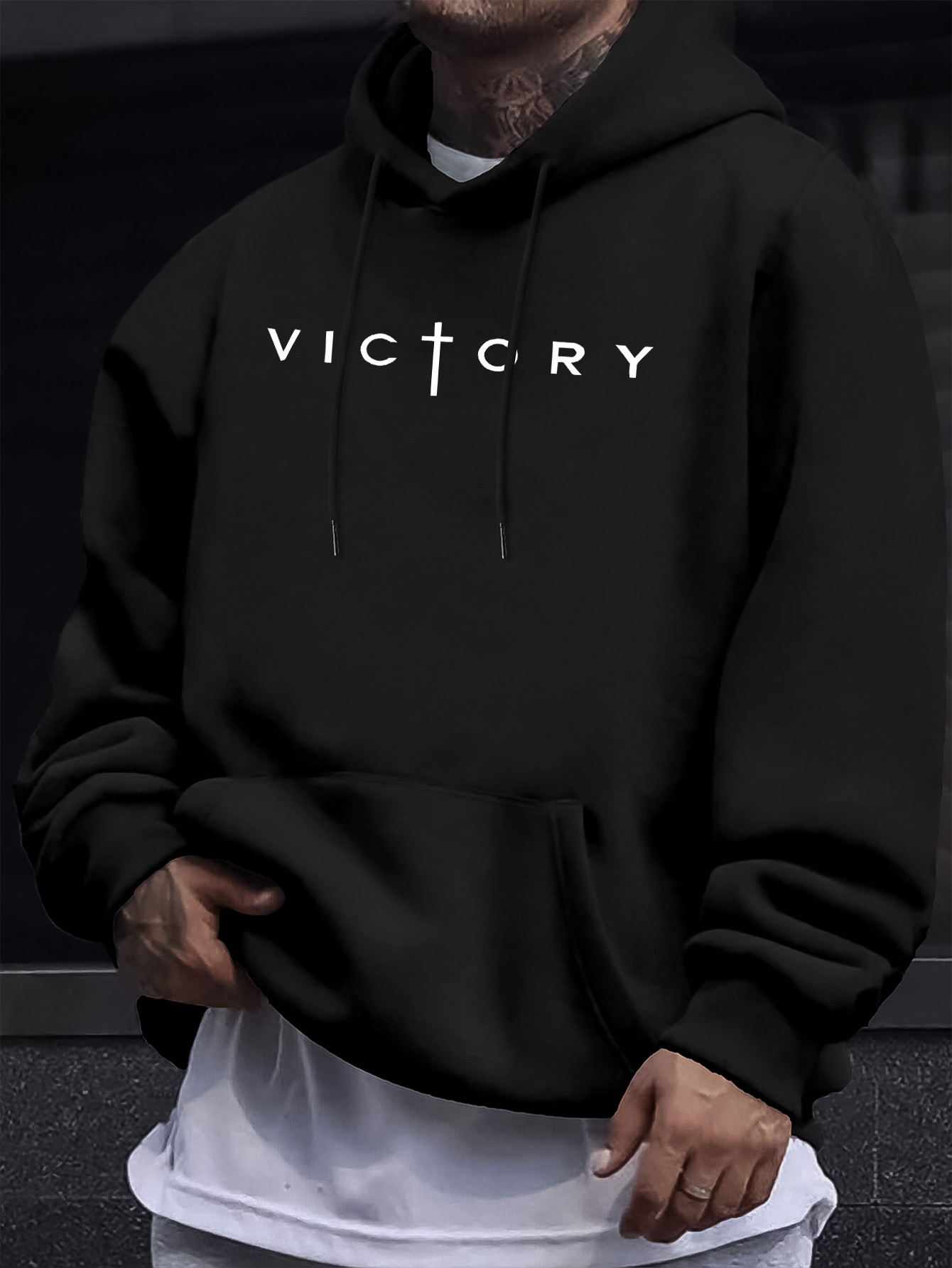 Crossfit Victory - 秋冬用 メンズ クリスチャン・ビクトリー・クロス柄 フード付きスウェットシャツ ゆったりとしたシルエット クルーネック